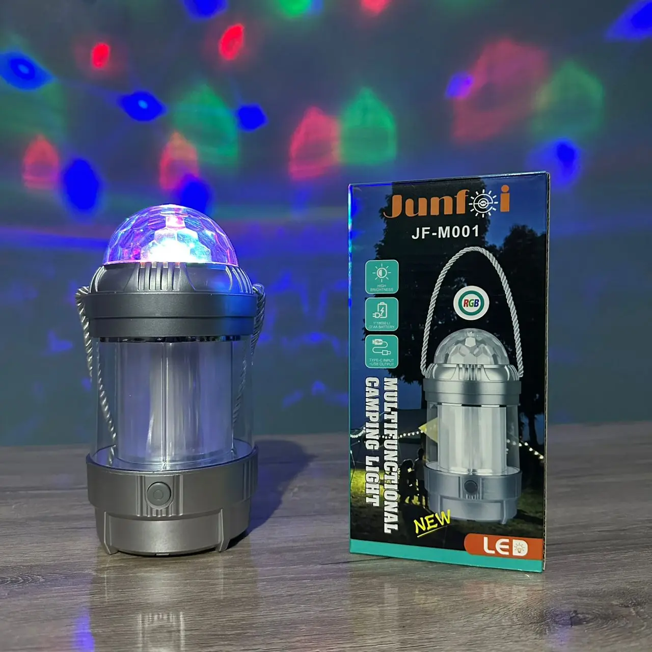 FANOUS LANTERNE CAMPING JUNFOI JF-M001 MULTIFUNCTIONAL LAMPE LED ET RGB ANIMATION AVEC BATTERY OU PILES RECHARGEABLE OUT USB GREY